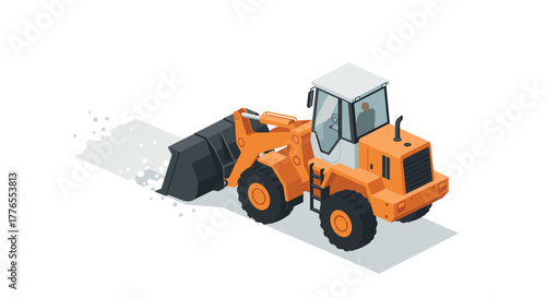 Isometric construction loader removing snow with front bucket on white background