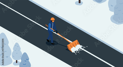 Winter maintenance worker clearing snow on road in isometric style