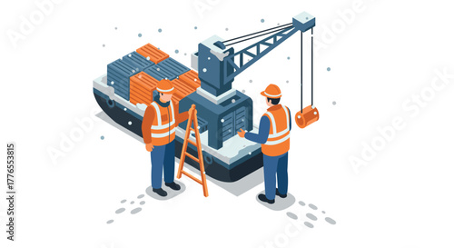 Isometric cargo ship and workers safely loading containers in winter scene