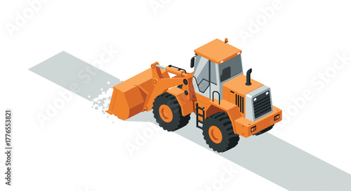 Isometric orange bulldozer clearing road on a clear day