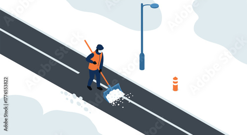 Winter street worker clearing snow on urban road in minimalist isometric style