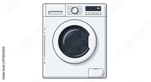 A front-loading, white washing machine illustration. Features a door, control panel, digital display, and soap dispenser