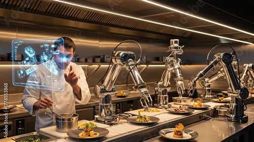 Chef overseeing automated food preparation with robot arms and digital interface in modern kitchen