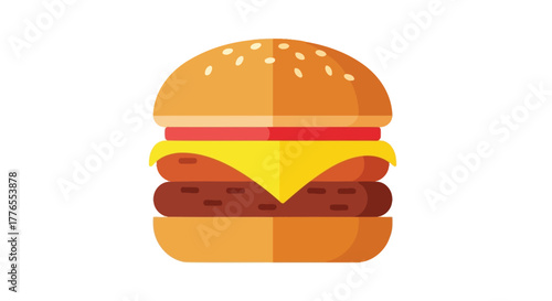 A vibrant, flat-design burger against white. Two patties, cheese, tomato, and a seeded bun are visible