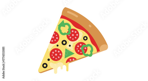 A cartoonish pizza slice, angled right, with pepperoni, olives, peppers, and melting cheese against a white background
