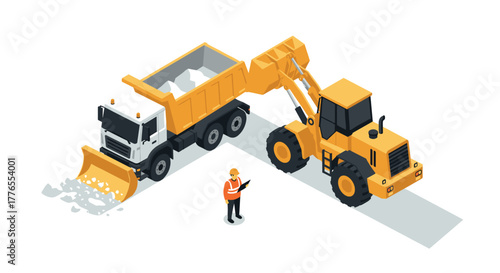 Construction equipment and worker in isometric style on white background