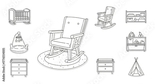 nursery furniture set rocking chair and crib for baby room decor simple outline drawing home interior for decoration playroom design