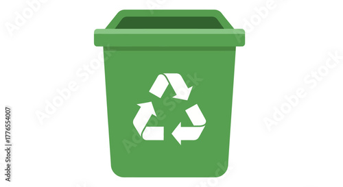 A green, rectangular trash receptacle with a hinged lid. It displays a white recycling symbol in the center