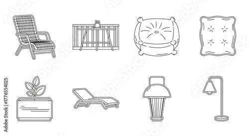 Outdoor furniture line art icons a stylish deck chair modern table pillows plant and lamp illustration for minimalist home decor themes.