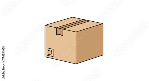 A plain cardboard box, sealed with tape. It has an up-arrow symbol and is likely ready for shipping. Clean, isolated, white background