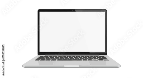 A front-facing illustration of a silver laptop, screen blank and open. Keyboard below, set against a white background