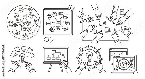 team brainstorming process diverse hands collaborate strategize with sticky notes flowcharts on a screen fostering creativity and innovation