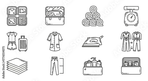 Travel packing organization with luggage clothes and toiletries in containers preparing for a trip essential for smart travel and space saving.