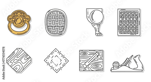 woodworking designs decorative carved wood elements illustrating carpentry furniture embellishment and traditional joinery in a set of vintage architectural details