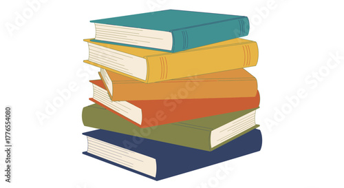 A tall stack of colorful books with various hues, spines facing left, arranged vertically on a white background