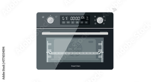 Black, front-facing oven with digital display showing time and settings. Includes knobs, racks, and a window. Wireless icon visible