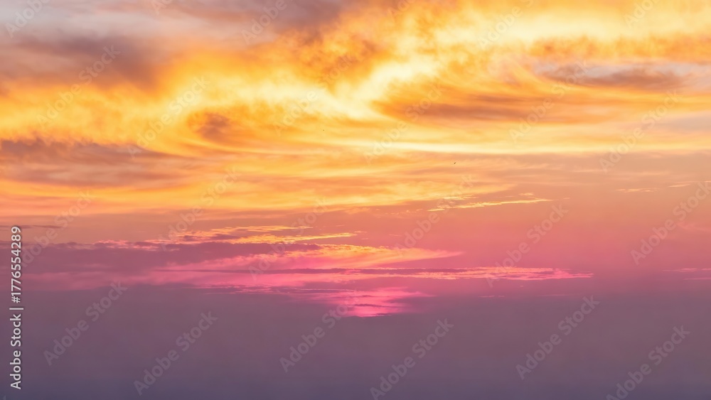 Fototapeta premium Vivid sunset sky displays swirling orange, pink, and purple clouds.