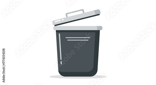 A minimalist illustration of a dark gray trash bin with a partially open lid. It sits against a white background