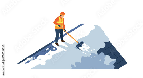 Worker clearing snow from roof in flat design with safety gear