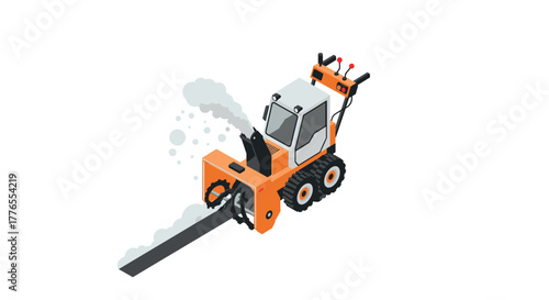 Isometric snow blower illustration with detailed design and smoke effect