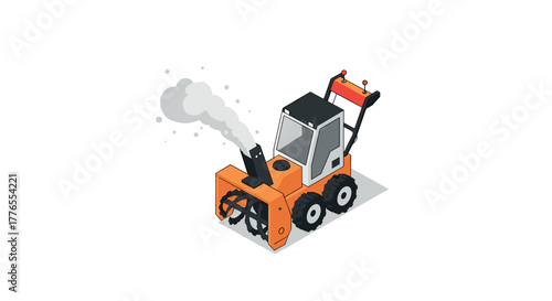 Isometric orange snow blower with smoke on white background