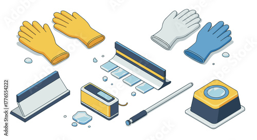 Cleaning tools set in isometric style with gloves, squeegee, and mop