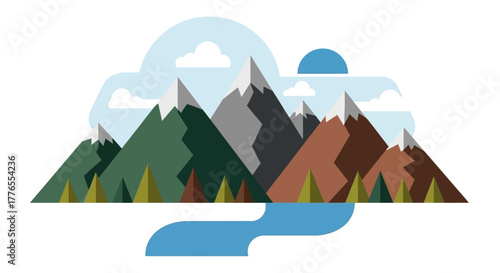 Flat, geometric illustration of a mountain range with snowy peaks, forest, river, clouds, and sun against a white background