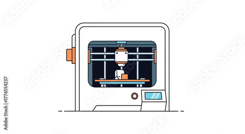 Flat, illustrated 3D printer shows interior. A machine creates a small block on a flat base within a closed case