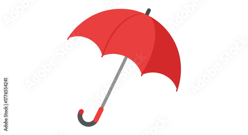 A simple illustration of an open red umbrella, against a white background. It has a grey handle with a red curved end
