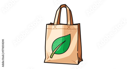 A tan tote bag with brown handles and stitching. A green leaf icon adorns the front, promoting eco-friendliness