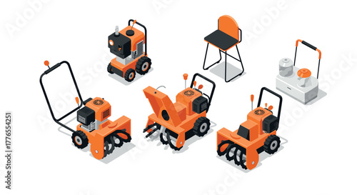 Isometric collection of orange snow blowers and equipment