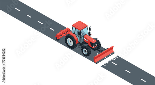 Red tractor with snow plow on road in isometric style for winter maintenance