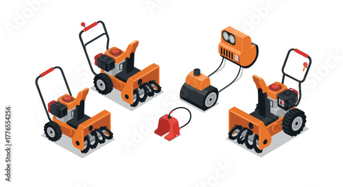 Isometric snowblower collection with modern machinery on a white background