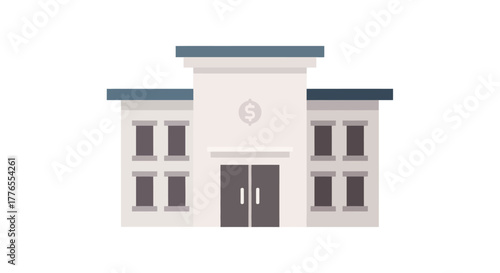 A stylized illustration of a light grey building with multiple windows, a central door, and a money symbol