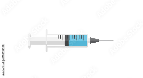 A detailed image of a standard medical syringe with a clear barrel, filled with blue liquid, and a needle tip