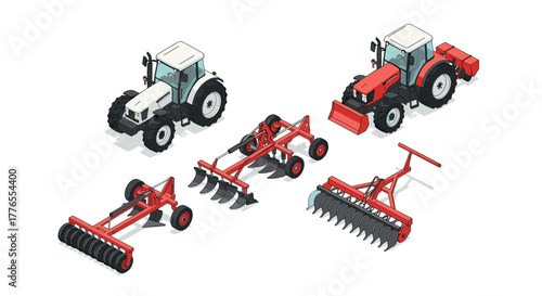 Farming equipment set featuring isometric tractors and attachments for agricultural use