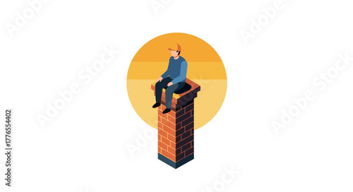 Isometric figure sitting on brick chimney against sunset backdrop