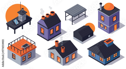 Isometric buildings with roofs and smokestacks in modern design
