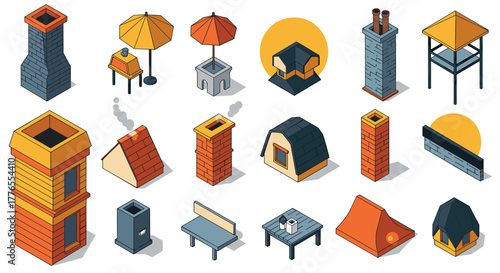 Isometric roof elements and chimney designs in modern style