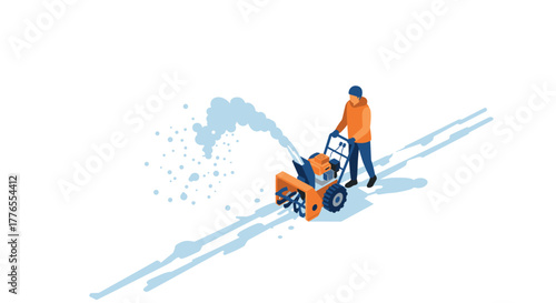 Isometric snow remover in action winter cleanup scene with person operating snow blower