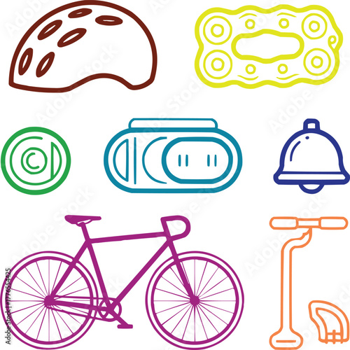 Essential Cycling Gear Outline Icons Helmet, Chain, Lights, Reflectors