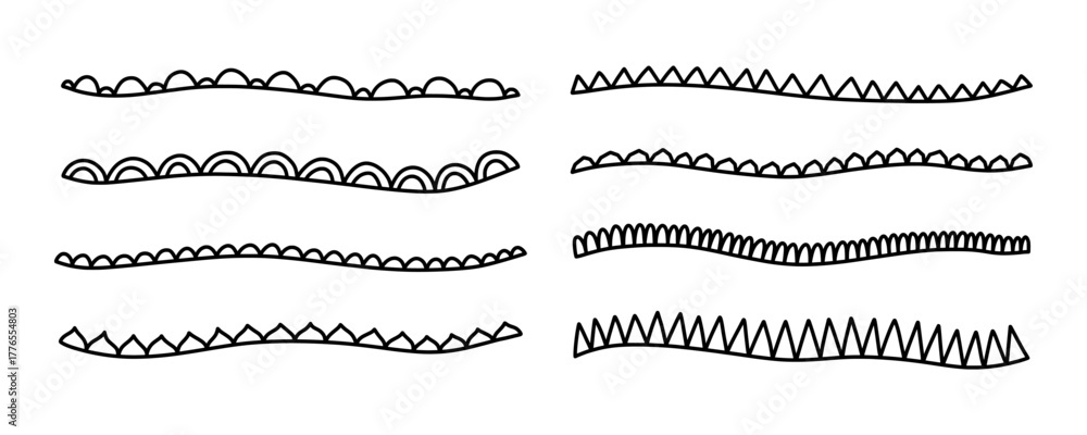 Obraz premium Set hand drawn scallop doodle borders and frames in various shapes. Simple, cute, and whimsical vector elements for notes, photos, and decorative projects. Scallop border lines for scrapbook designs.