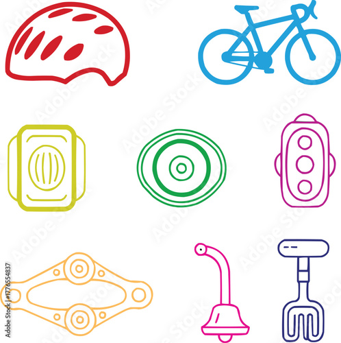 Essential Cycling Gear Outline Icons Helmet, Chain, Lights, Reflectors