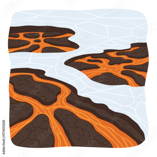 Lava flow patterns under icy surface in a vibrant illustration  
