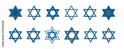 Star of David icons set. Blue David stars collection, Jewish sign symbol, decorative element for Hanukkah. Traditional Jewish Star hexagram. Jewish Symbol Sign set.