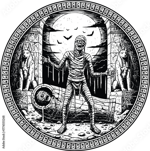 Egyptian Mummy Emerging from Tomb Vector Ancient Horror Scene with Full Moon and Ornate Hieroglyphic Frame