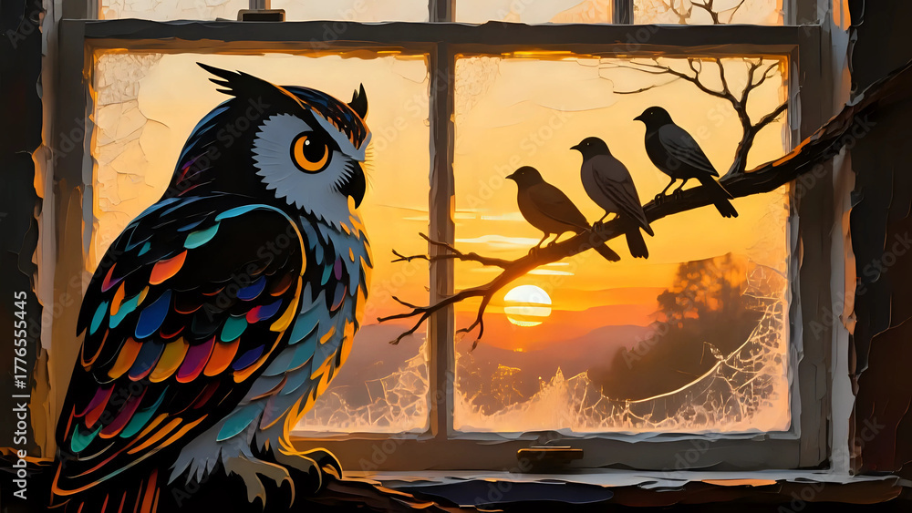 Naklejka premium Owl sitting near a window and watching birds sitting on a branch