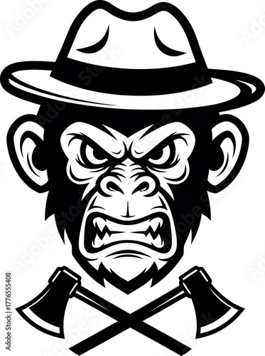Intense gorilla or monkey mascot head wearing a fedora hat with crossed axes below, a powerful, angry, and aggressive primal primate face for a sports team or brand logo.