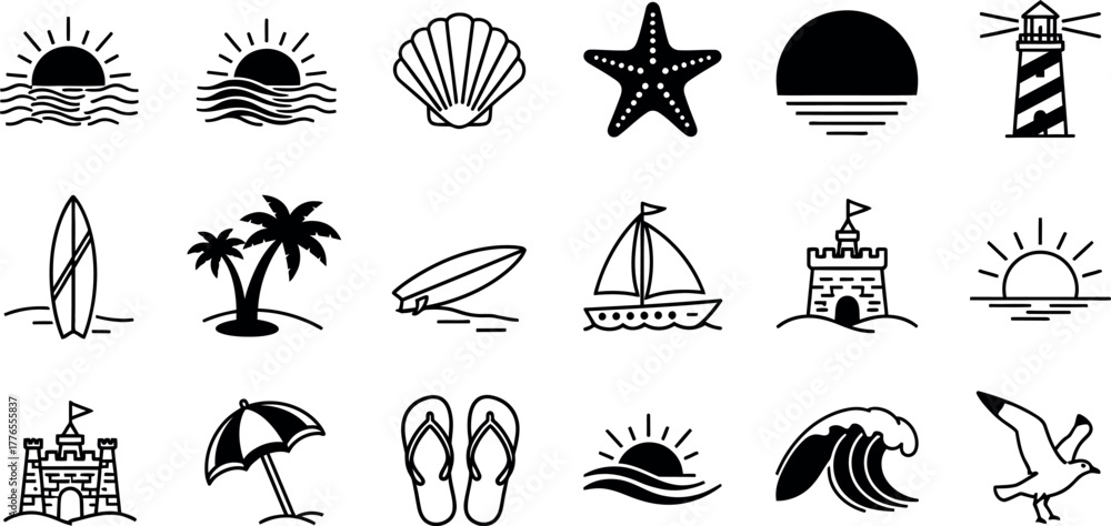 Fototapeta premium sun, sea, wave, shell, starfish, lighthouse, surfboards, palm trees, sailboat, sand castle, umbrella, and flip-flops, isolated on white.