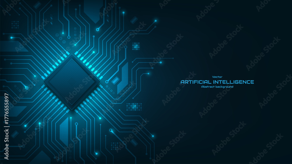 Obraz premium Electronic microchip on a circuit board with electronic elements, Futuristic background. Semiconductor, CPU, and chip processor. Technology vector illustration.